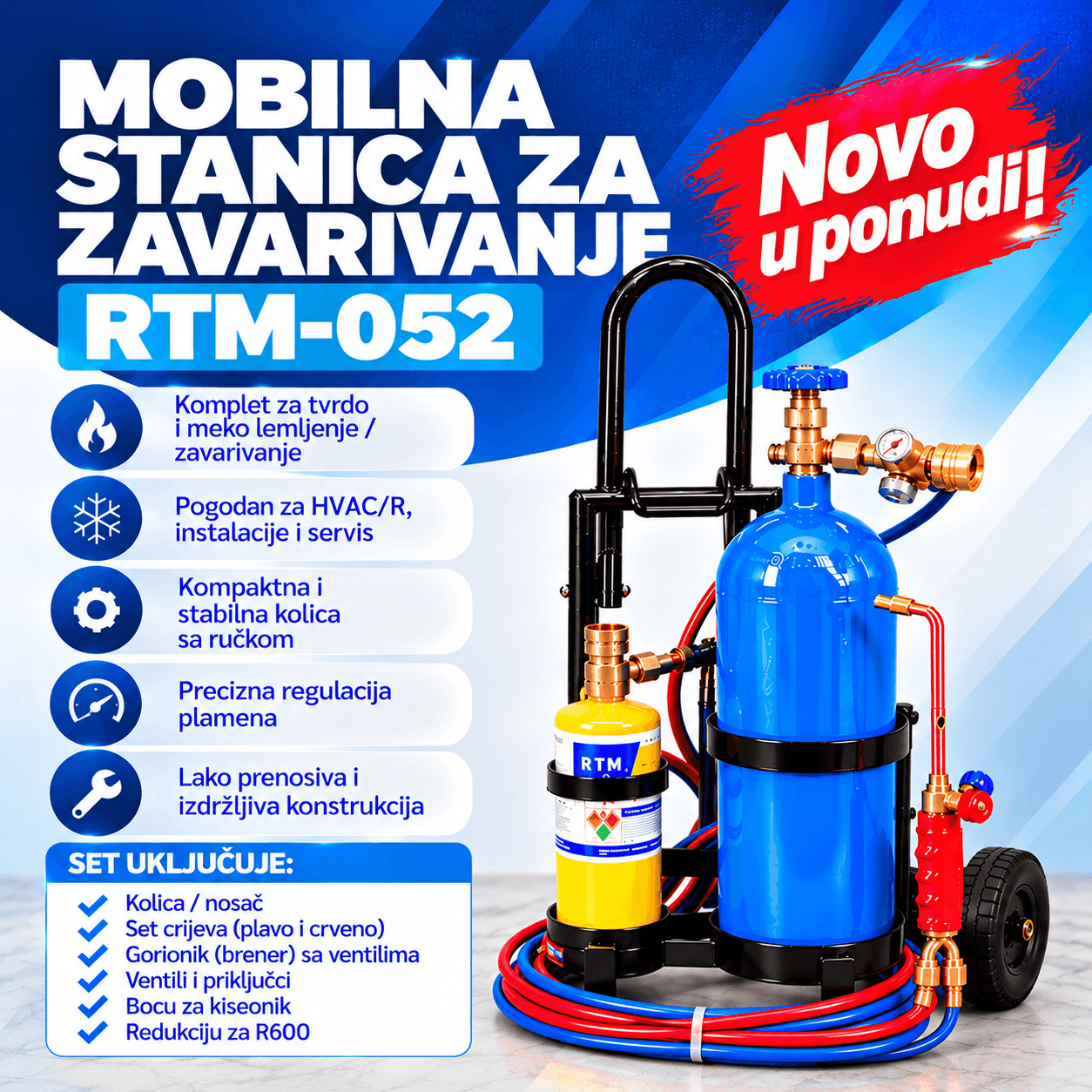 Stanica za zavarivanje RTM-052 sa bocom za kiseonik, brenerom, crijevima i redukcijom za R600a